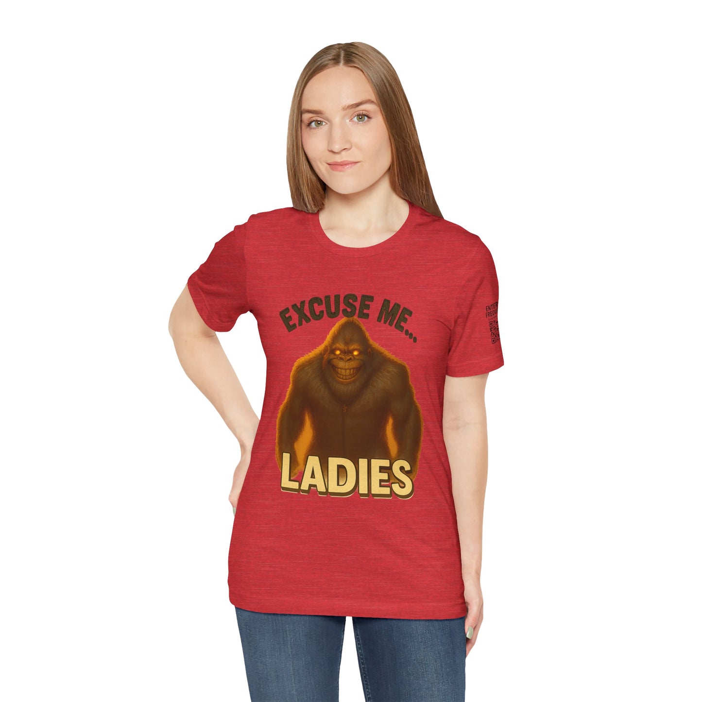 Funny Bigfoot T-Shirt – Excuse Me Ladies | Unisex Jersey Tee, Cryptid Humor Shirt, Outdoor Lover Gift