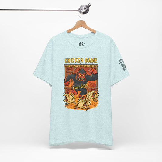 Bigfoot Chicken Game Tee – Humorous T-Shirt for Gamers & Cryptid Fans by Creative Artist Joe Parkhurst