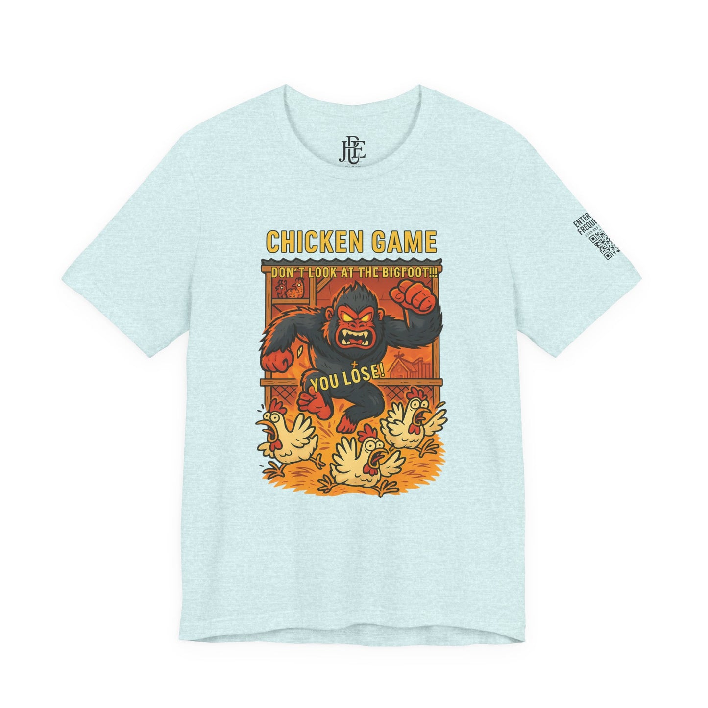 Bigfoot Chicken Game Tee – Humorous T-Shirt for Gamers & Cryptid Fans by Creative Artist Joe Parkhurst
