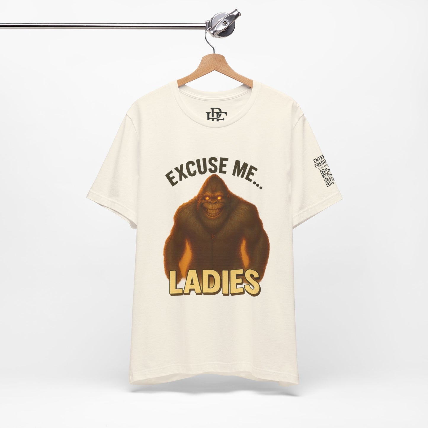 Funny Bigfoot T-Shirt – Excuse Me Ladies | Unisex Jersey Tee, Cryptid Humor Shirt, Outdoor Lover Gift