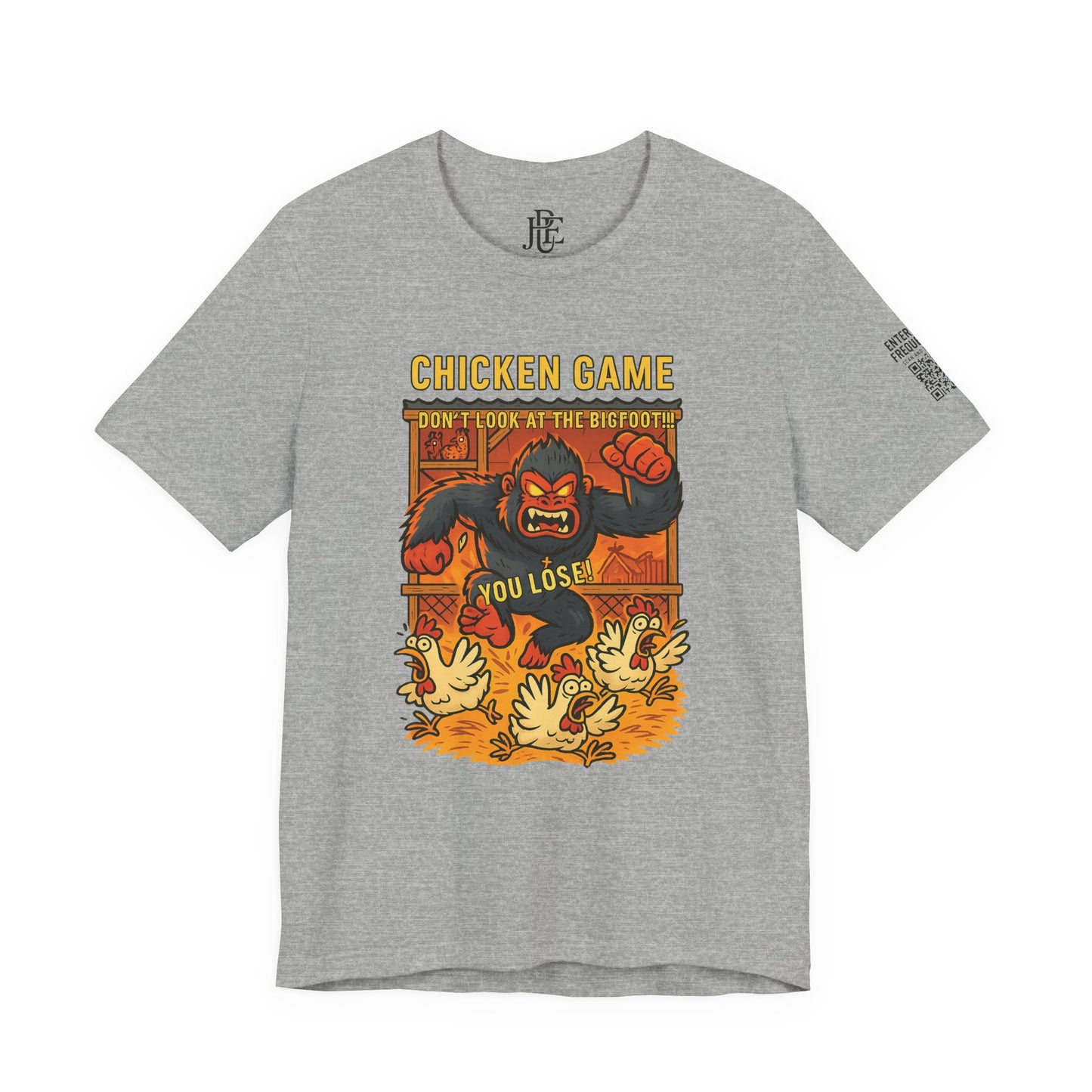 Bigfoot Chicken Game Tee – Humorous T-Shirt for Gamers & Cryptid Fans by Creative Artist Joe Parkhurst