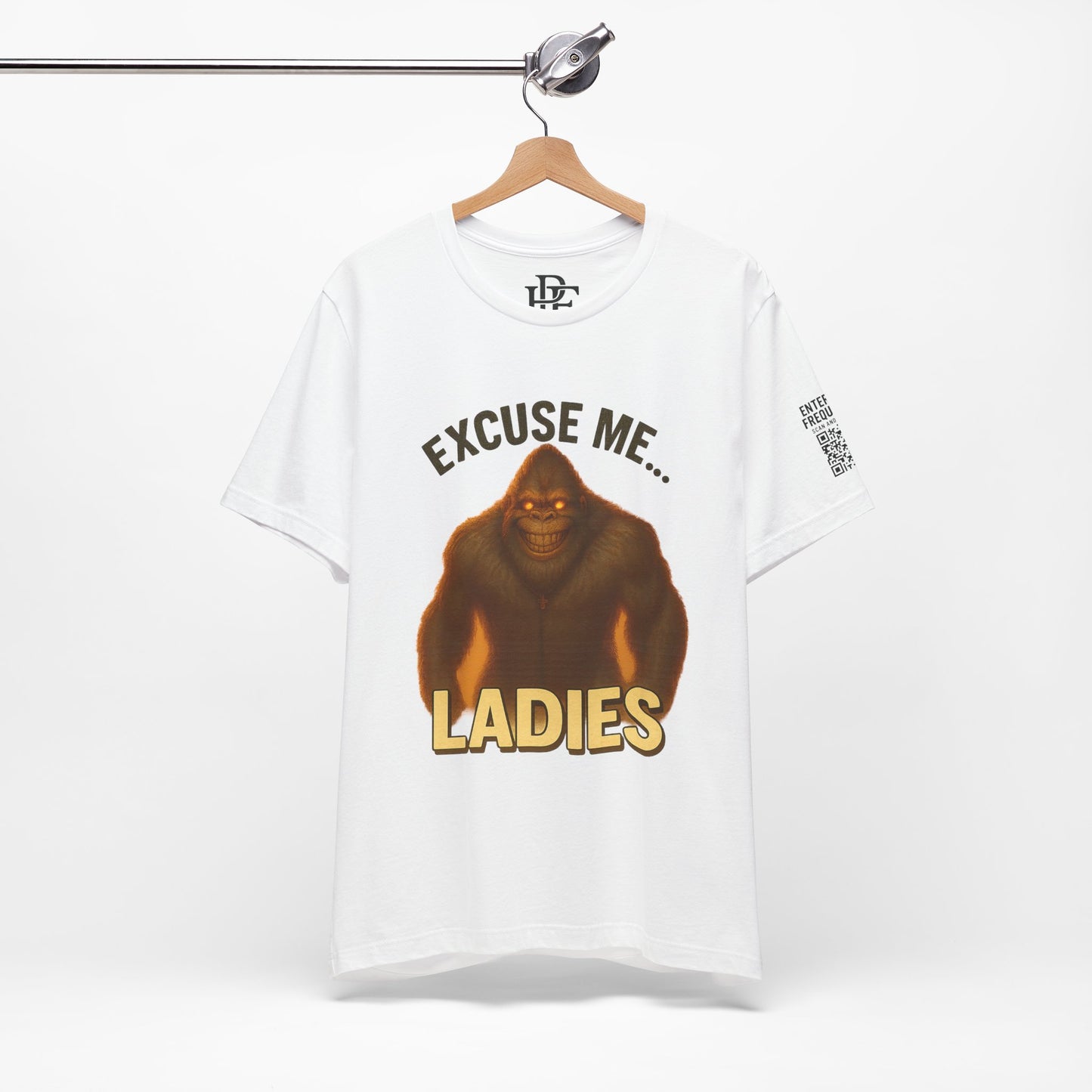 Funny Bigfoot T-Shirt – Excuse Me Ladies | Unisex Jersey Tee, Cryptid Humor Shirt, Outdoor Lover Gift