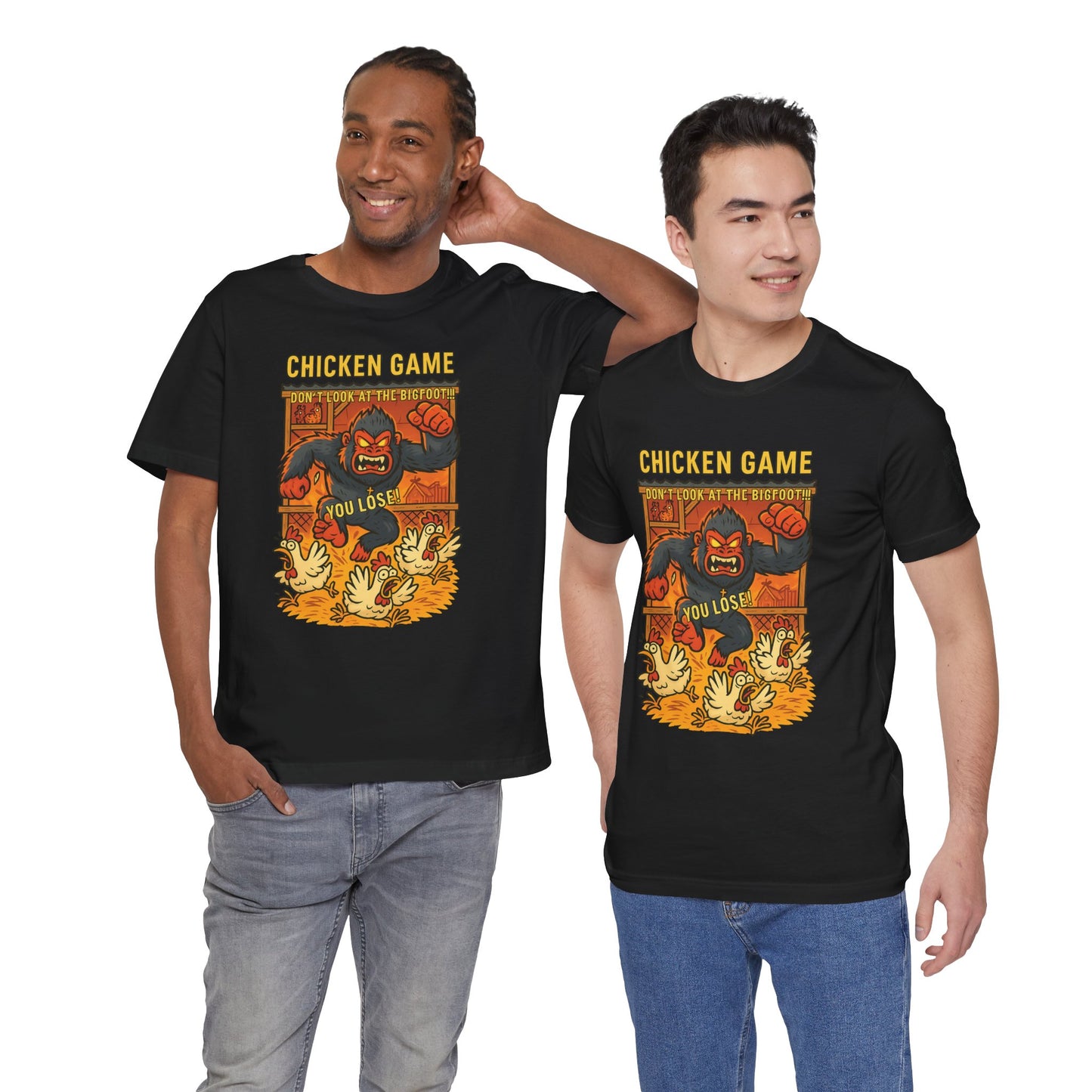 Bigfoot Chicken Game Tee – Humorous Unisex Shirt for Gamers & Cryptid Fans