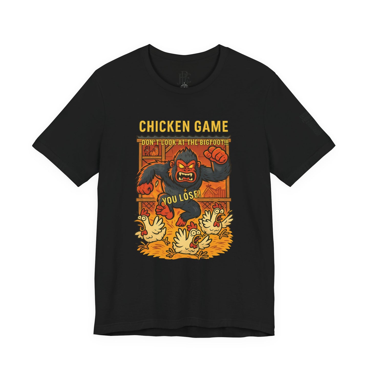 Bigfoot Chicken Game Tee – Humorous T-Shirt for Gamers & Cryptid Fans by Creative Artist Joe Parkhurst
