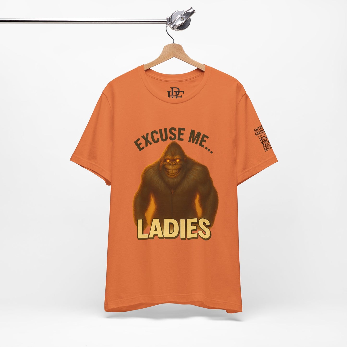 Funny Bigfoot T-Shirt – Excuse Me Ladies | Unisex Jersey Tee, Cryptid Humor Shirt, Outdoor Lover Gift